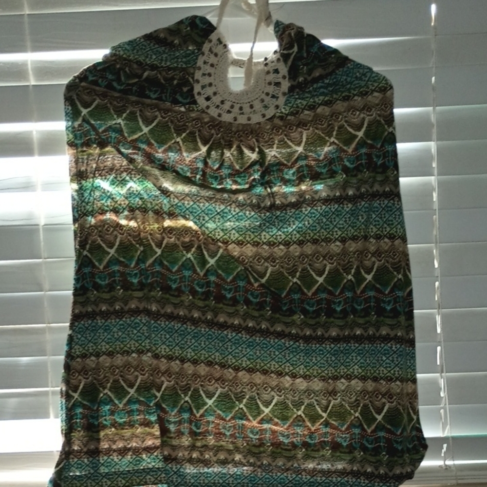 Bohemian Multicolor Spun Polyester,Soft Strapless tunic With Macrame Neck Tie